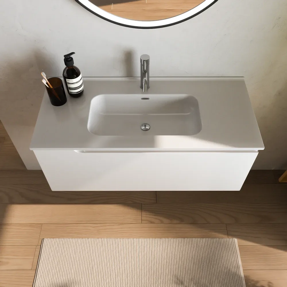Mobile bagno sospeso 90 cm un cassetto bianco opaco con lavabo | Ardenne - Image 5