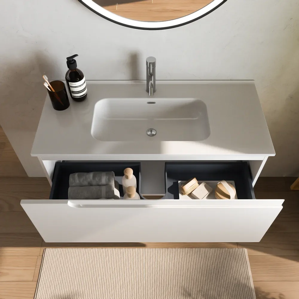 Mobile bagno sospeso 90 cm un cassetto bianco opaco con lavabo | Ardenne - Image 6