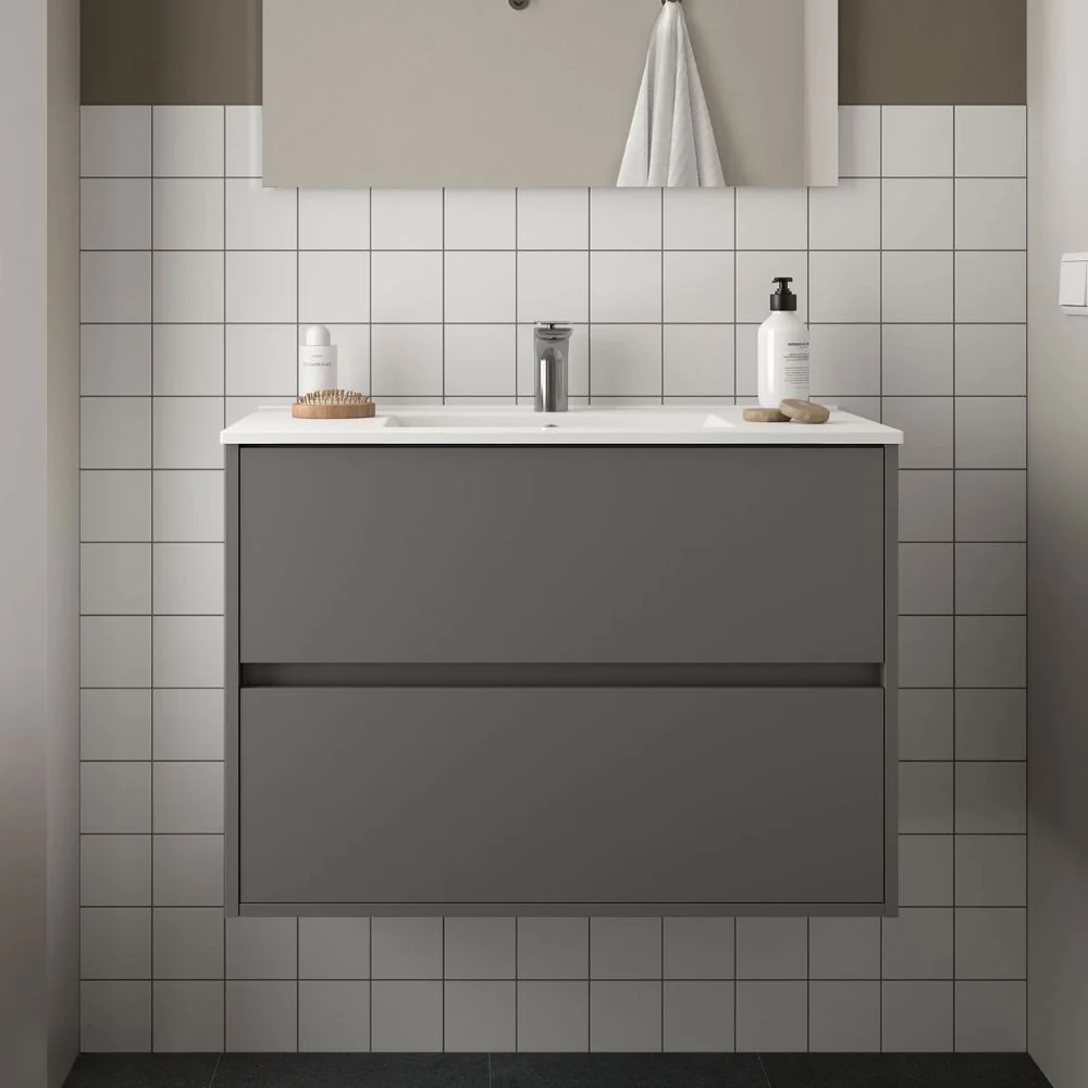 Mobile bagno sospeso Claros80 grigio opaco con lavabo 2 cassetti 80x45x56h - Image 4