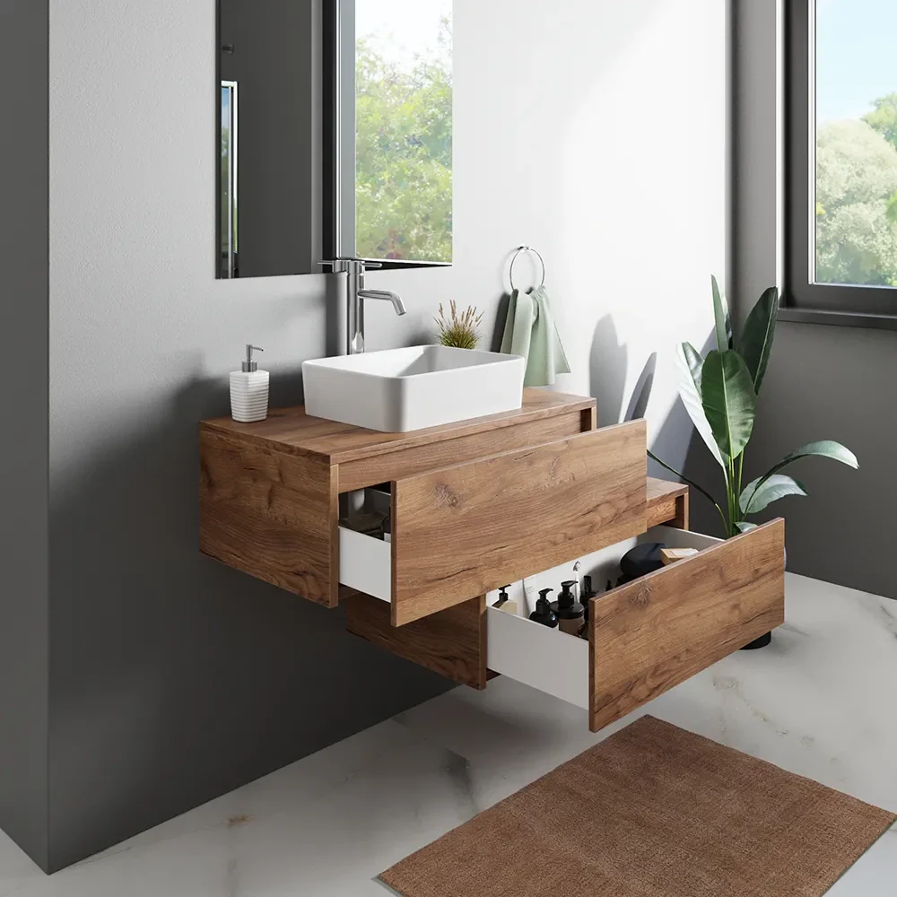 Mobile bagno sospeso modulare 70cm due cassetti apertura push&pull rovere gransasso con top | Galdor - Image 3