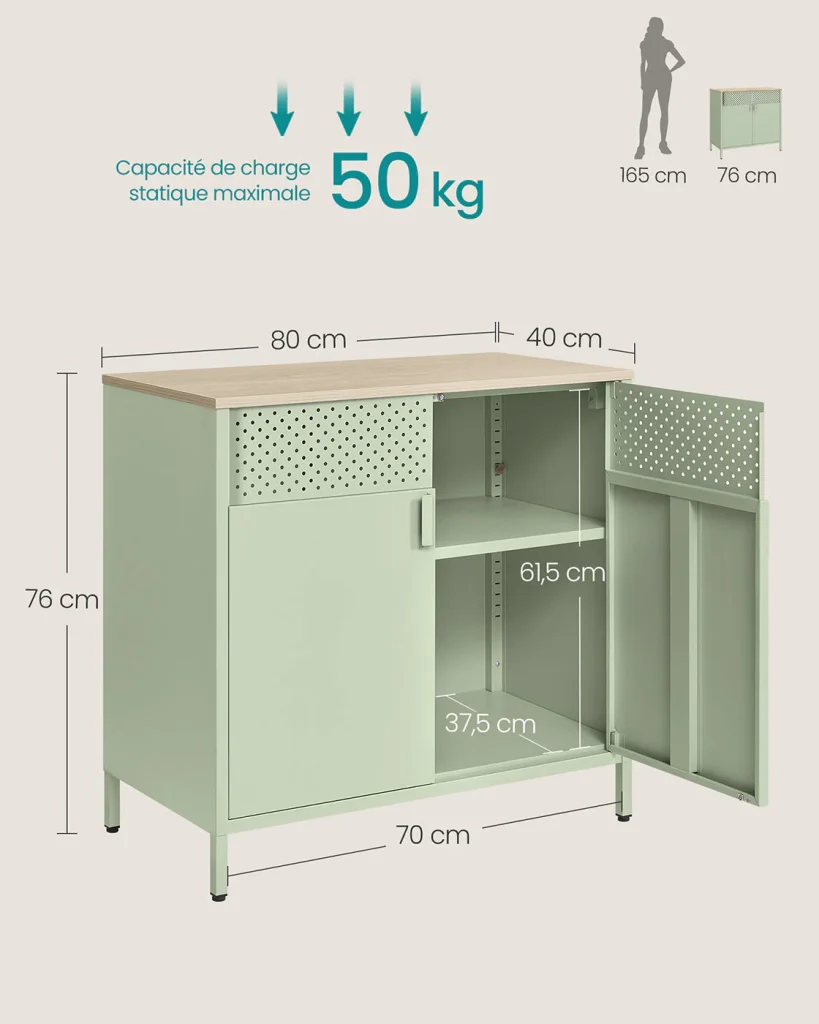 Mobile contenitore/credenza 40 x 80 x 76 cm con doppie ante magnetiche e ripiano regolabile per sala da pranzo soggiorno cucina ingresso struttura in acciaio stile industriale verde 12_0006435 - Image 5