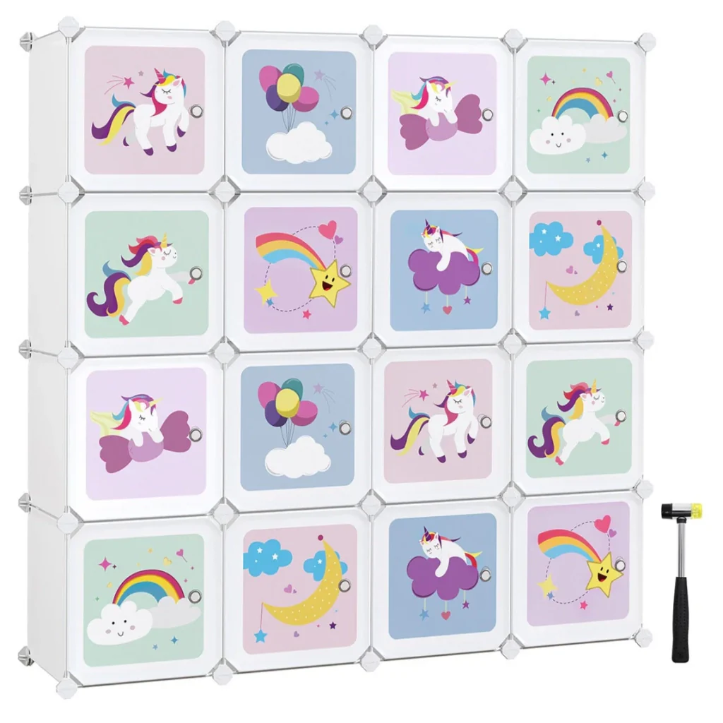 Mobile contenitore per bambini con 16 cubi modulari armadio con ante ripiani in plastica per giocattoli vestiti scarpe cartelle scolastiche 123 x 31 x 123 cm bianco 12_0006519