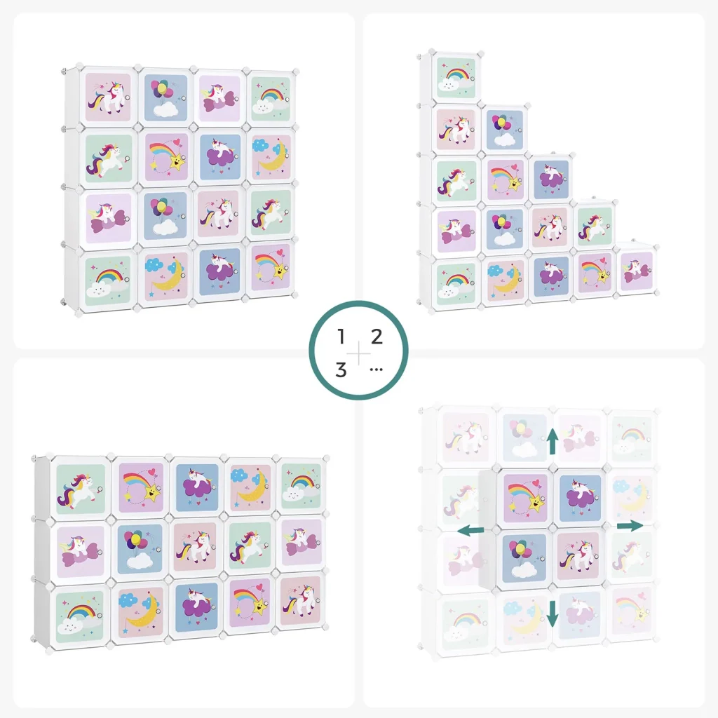 Mobile contenitore per bambini con 16 cubi modulari armadio con ante ripiani in plastica per giocattoli vestiti scarpe cartelle scolastiche 123 x 31 x 123 cm bianco 12_0006519 - Image 2