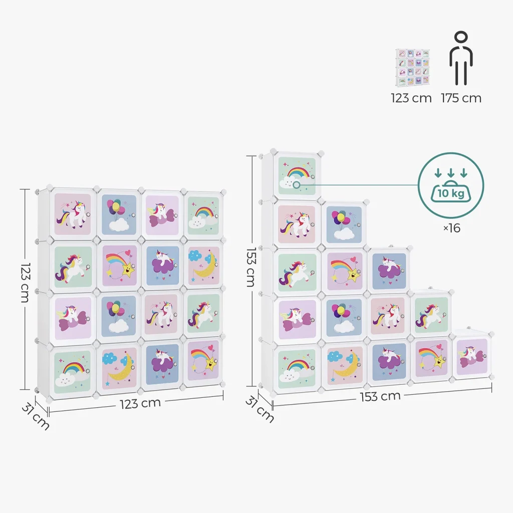 Mobile contenitore per bambini con 16 cubi modulari armadio con ante ripiani in plastica per giocattoli vestiti scarpe cartelle scolastiche 123 x 31 x 123 cm bianco 12_0006519 - Image 5
