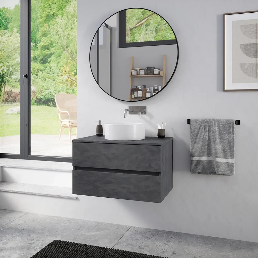 Mobile da bagno sospeso 90 cm effetto cemento scuro con top | Yili - Image 5