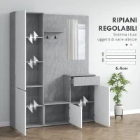 Mobile da Ingresso 4 in 1 con Specchio, Ganci e Ripiani Interni, in Legno, 145x29x184 cm, Grigio e Bianco - Image 6