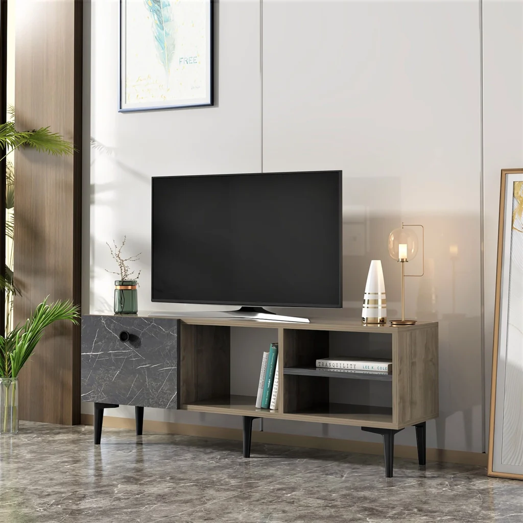Mobile da Soggiorno 'Nannestad' Mobile Porta TV con Scomparti e Anta a Ribalta - Effetto Noce / Marmo Nero [en.casa]