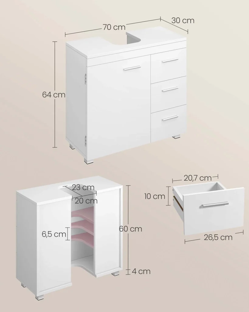 Mobile lavabo da bagno 30 x 70 x 64 cm 3 cassetti laterali 2 scomparti dietro l'anta adatto per lavabi su colonna con gambe 12_0006536 - Image 3