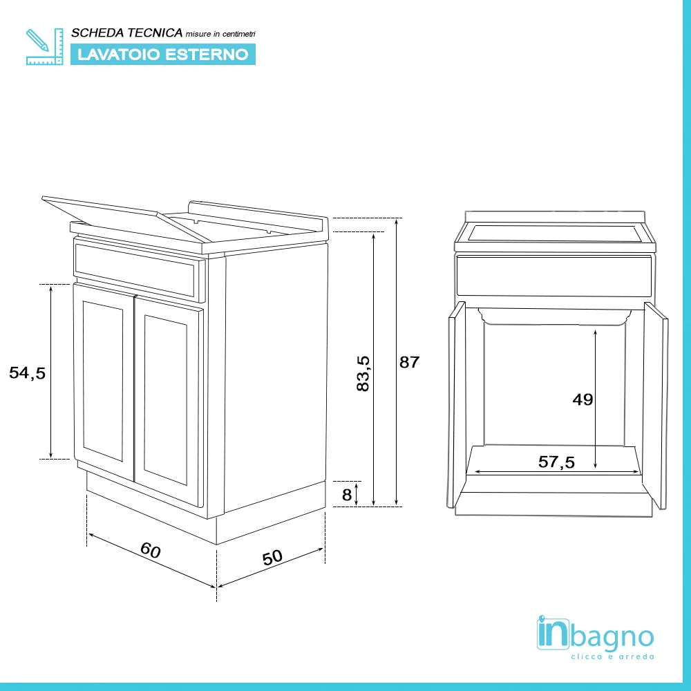Mobile Lavatoio 2 Ante 60x50 cm con Vasca in Resina Bianco - Image 4