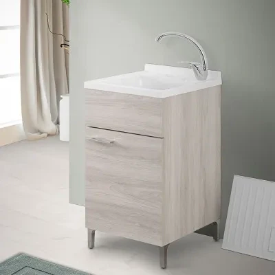 Mobile lavatoio 45x50 cm 1 anta rovere grigio con vaschetta in resina - Image 8