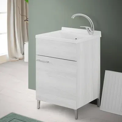 Mobile lavatoio 50x50 cm 1 anta bianco venato con vasca in resina - Image 2
