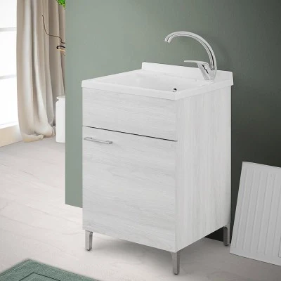 Mobile lavatoio 50x50 cm 1 anta bianco venato con vasca in resina - Image 9