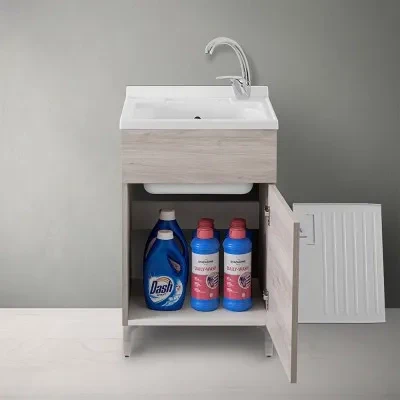 Mobile lavatoio 50x50 cm 1 anta rovere grigio con vasca in resina - Image 10