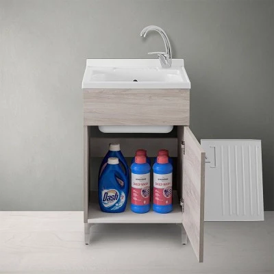 Mobile lavatoio 50x50 cm 1 anta rovere grigio con vasca in resina - Image 3