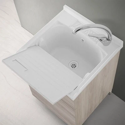 Mobile lavatoio 50x50 cm 1 anta rovere grigio con vasca in resina - Image 8