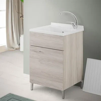 Mobile lavatoio 50x50 cm 1 anta rovere grigio con vasca in resina - Image 9