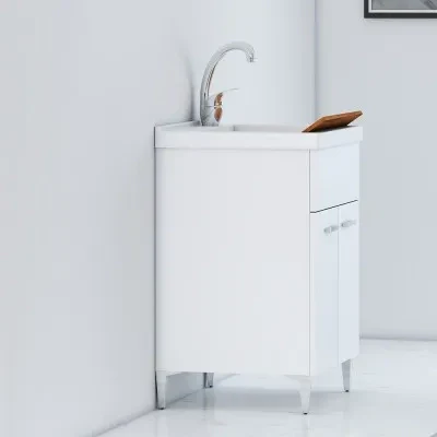 Mobile Lavatoio 60x50 cm Due Ante con vasca in ceramica Bianco Lucido - Image 7