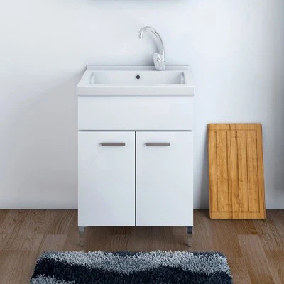 Mobile Lavatoio 60x50 cm Due Ante con vasca in ceramica Bianco Lucido - Image 8