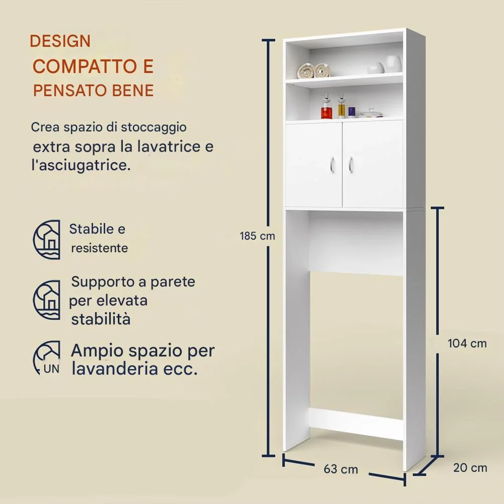 Mobile per Lavatrice Mobiletto da Bagno Armadio 2 Ante e 2 Ripiani 63x20x185cm - Image 10