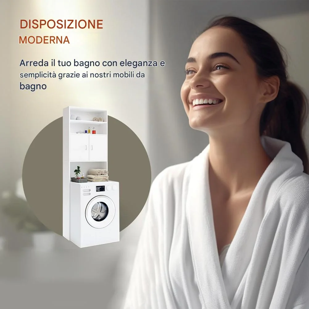 Mobile per Lavatrice Mobiletto da Bagno Armadio 2 Ante e 2 Ripiani 63x20x185cm - Image 5
