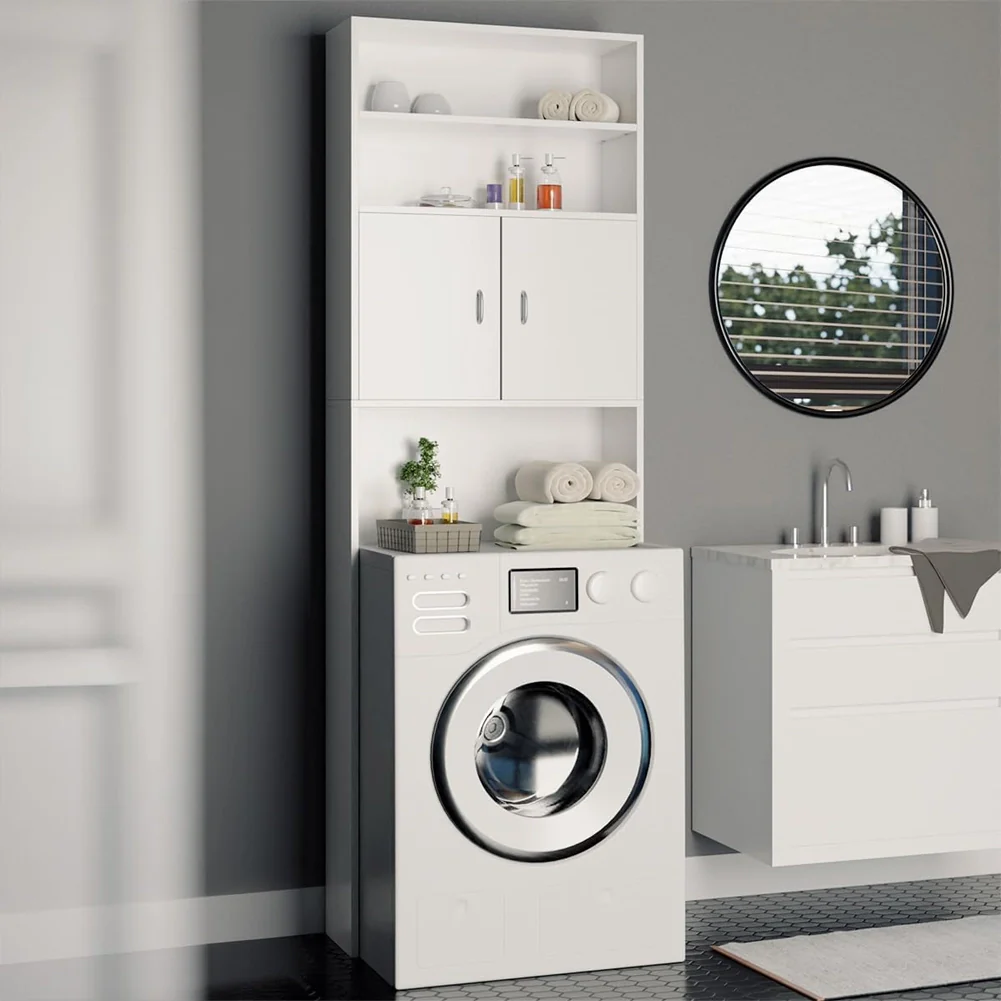 Mobile per Lavatrice Mobiletto da Bagno Armadio 2 Ante e 2 Ripiani 63x20x185cm - Image 7