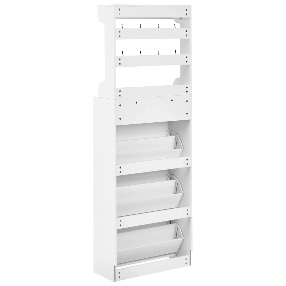 Mobile porta scarpe alto in truciolato bianco 70 x 30 x 200 cm 12 paia di scarpe con cassetti e ganci per un ingresso moderno - Image 5