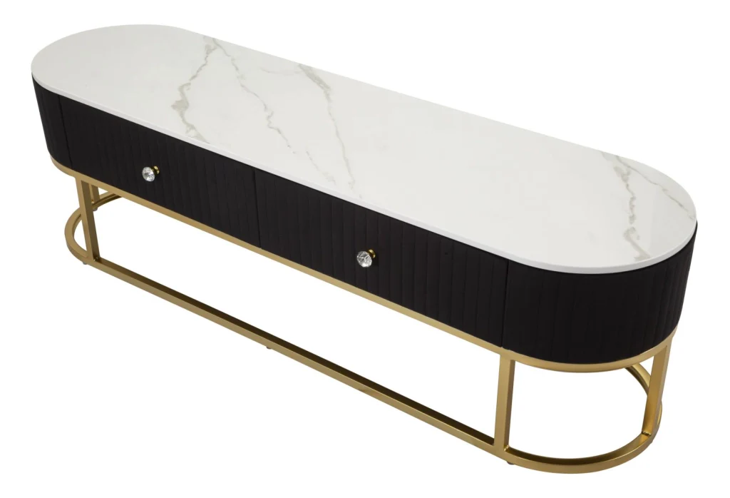Mobile porta tv metallo dorato, tessuto nero e similmarmo, cassetti 150x42x45cm Montpellier - Image 4