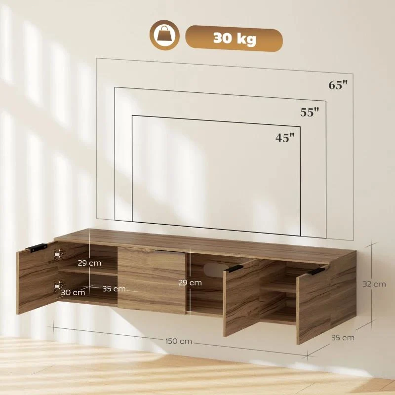 MOBILE PORTA TV SOSPESO FINO 65" CON 3 ARMADIETTI IN STILE INDUSTRIALE, MARRONE RUSTICO