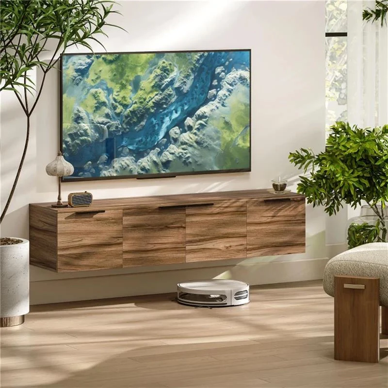 MOBILE PORTA TV SOSPESO FINO 65" CON 3 ARMADIETTI IN STILE INDUSTRIALE, MARRONE RUSTICO - Image 2