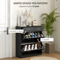 Mobile Scarpiera da 12 Paia con 2 Ripiani Interni Regolabili e 2 Cassetti, in Legno, 80x30x91.5 cm, Nero - Image 4