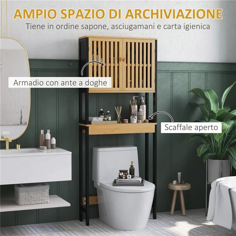 MOBILE SOPRA WC CON ARMADIETTO 2 ANTE A DOGHE E RIPIANO APERTO, 60X21.5X172CM, COLORE LEGNO - Image 4