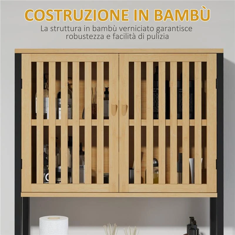 MOBILE SOPRA WC CON ARMADIETTO 2 ANTE A DOGHE E RIPIANO APERTO, 60X21.5X172CM, COLORE LEGNO - Image 6