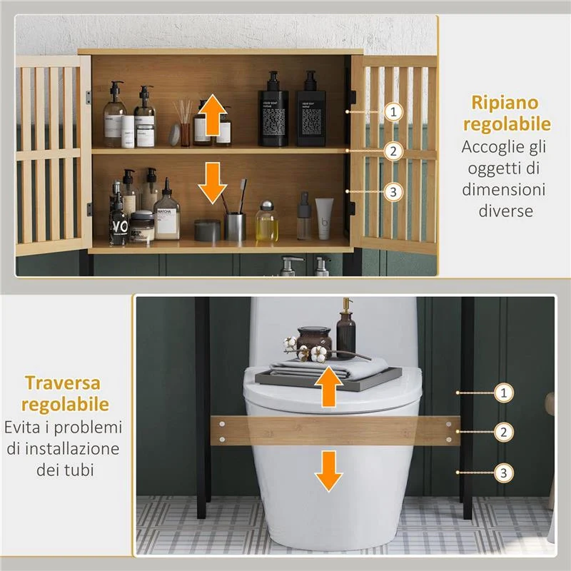 MOBILE SOPRA WC CON ARMADIETTO 2 ANTE A DOGHE E RIPIANO APERTO, 60X21.5X172CM, COLORE LEGNO - Image 7