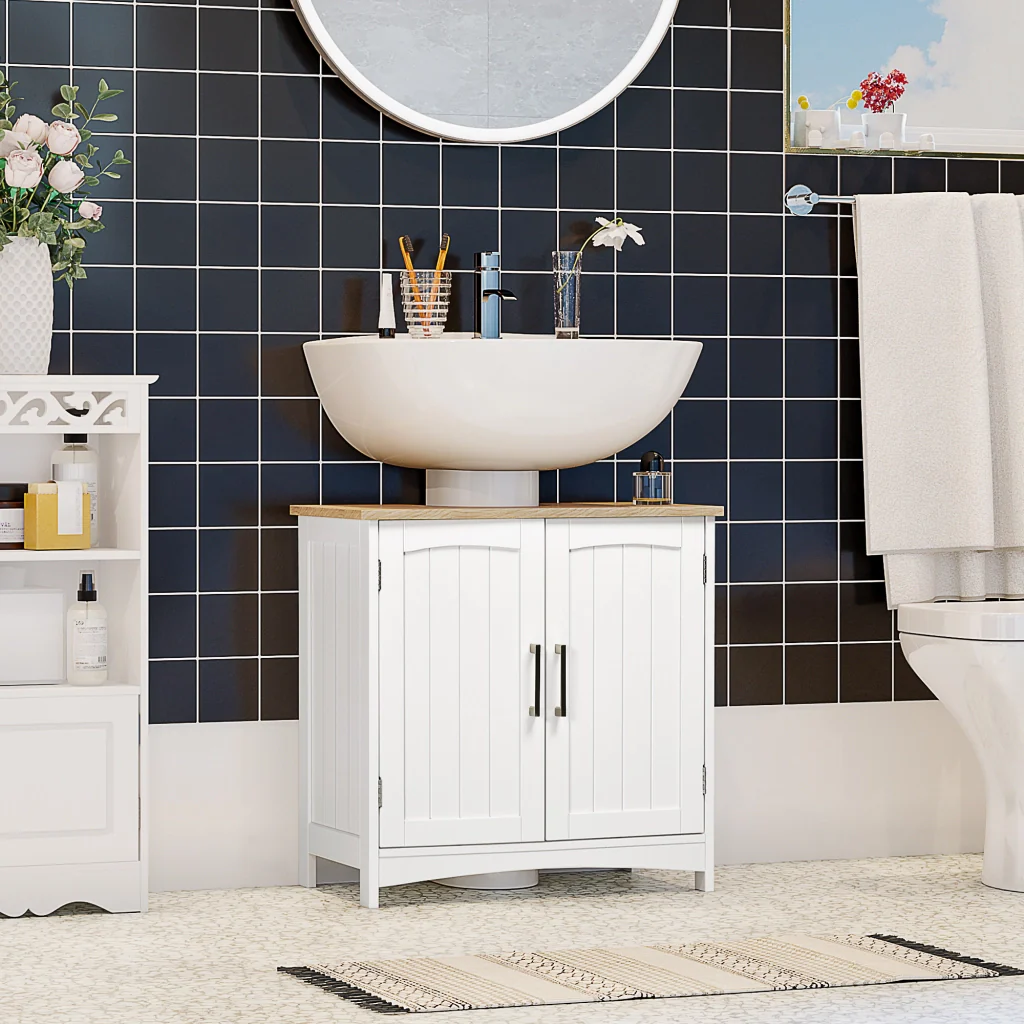 Mobile Sotto Lavabo Bagno 60x33x60 cm Base con Ante in MDF Bianco e Legno - Image 2
