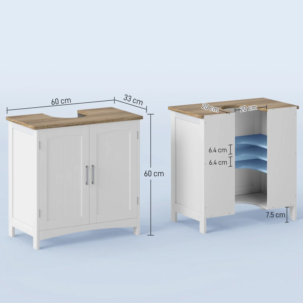 Mobile Sotto Lavabo Bagno 60x33x60 cm Base con Ante in MDF Bianco e Legno - Image 3