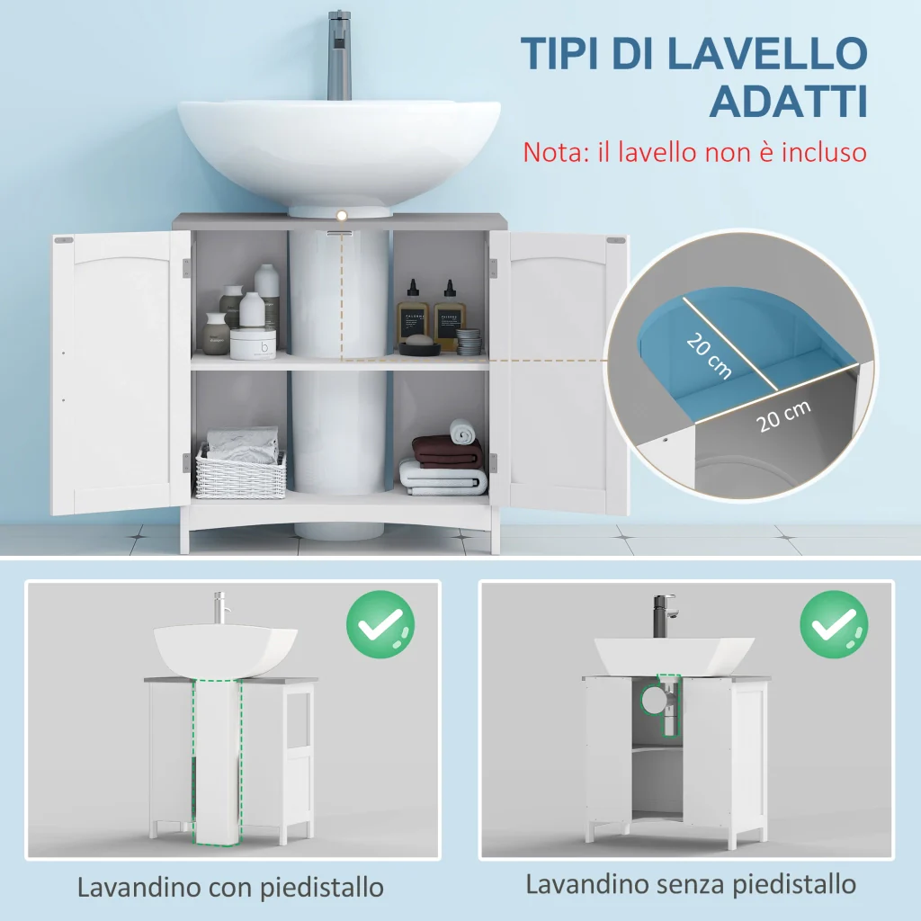 Mobile Sotto Lavabo Bagno 60x33x60 cm Base con Ante in MDF Bianco e Legno - Image 4