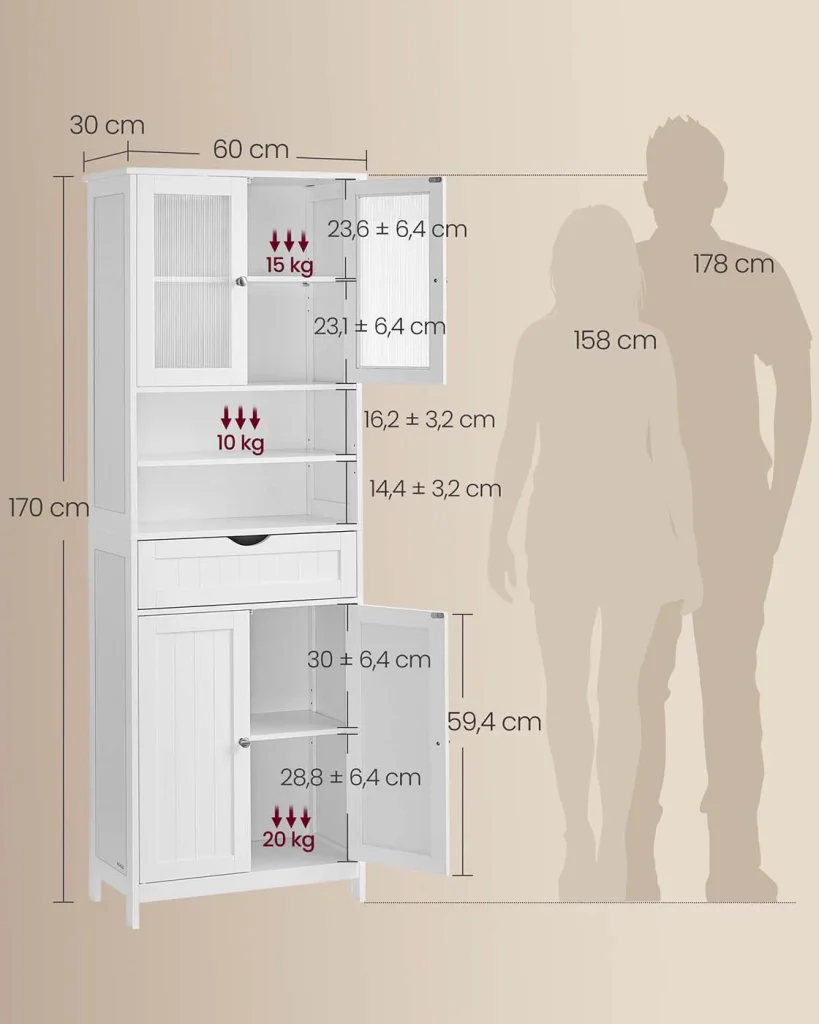 Mobiletto da bagno con illuminazione 30 x 60 x 170 cm con ripiani regolabili cassetto e vani a giorno per bagno soggiorno o sala da pranzo bianco 12_0008023 - Image 4