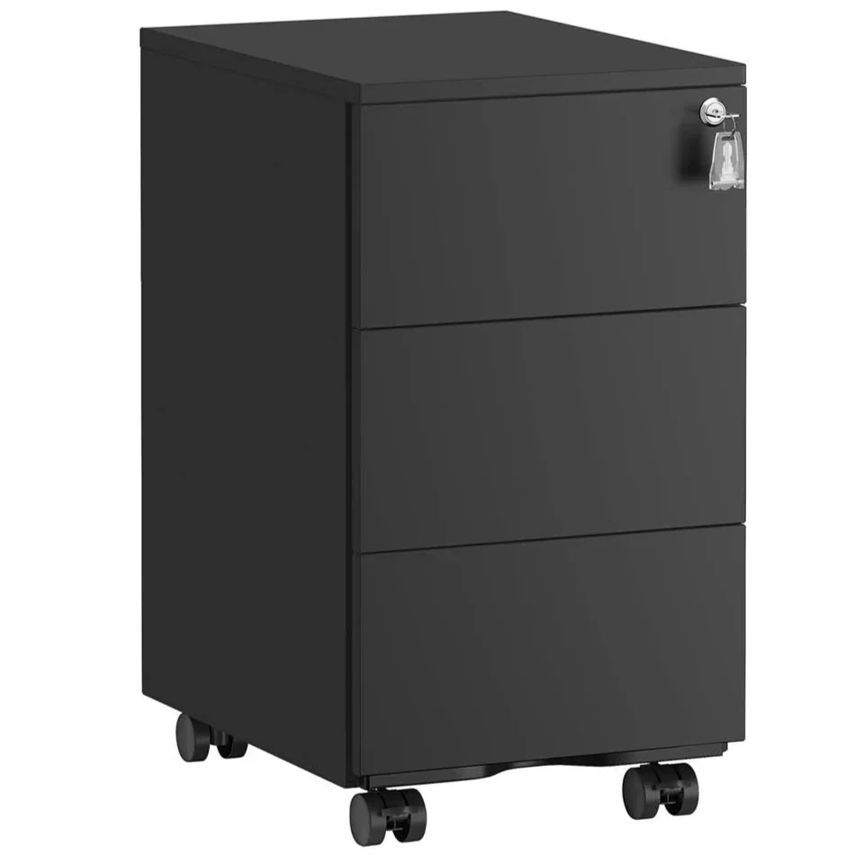 Cassettiera mobile per ufficio 39 x 45 x 55 cm chiudibile a chiave con 3 cassetti per archiviazione documenti e cancelleria preassemblata per ufficio o home office nera 12_0004823