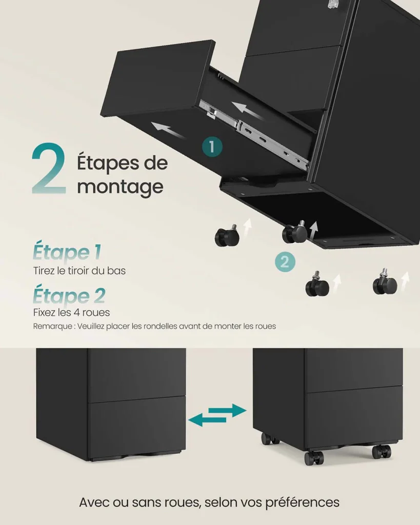 Cassettiera mobile per ufficio 39 x 45 x 55 cm chiudibile a chiave con 3 cassetti per archiviazione documenti e cancelleria preassemblata per ufficio o home office nera 12_0004823 - Image 3