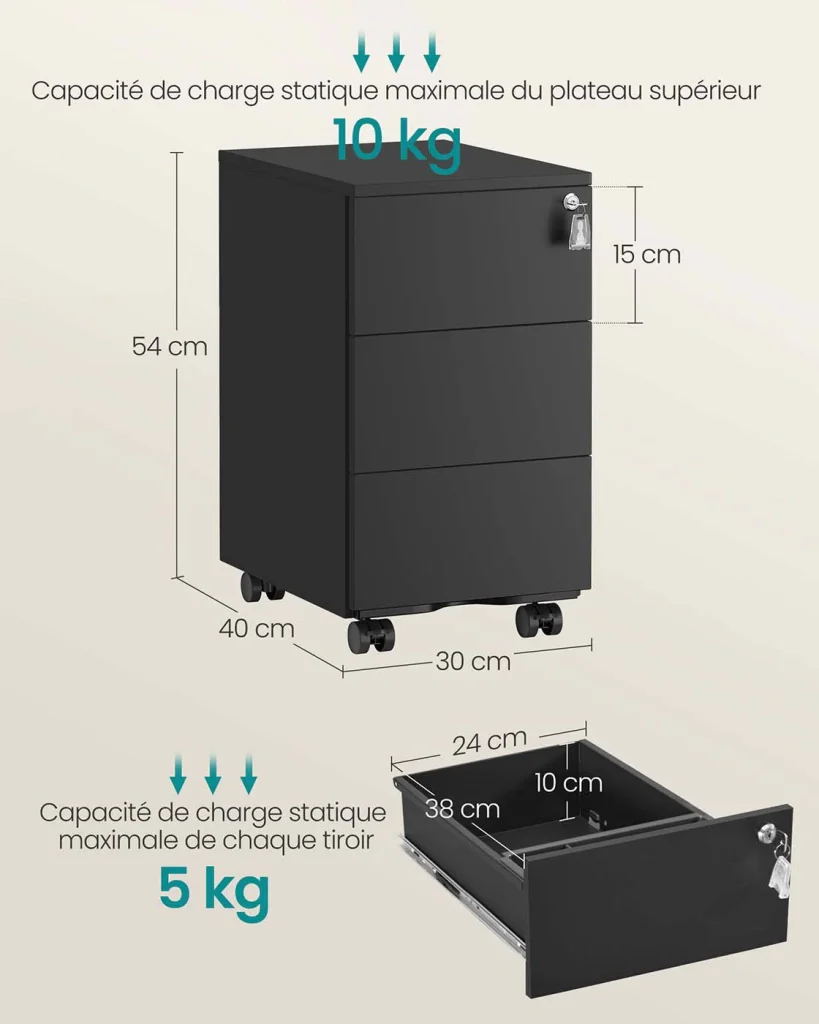 Cassettiera mobile per ufficio 39 x 45 x 55 cm chiudibile a chiave con 3 cassetti per archiviazione documenti e cancelleria preassemblata per ufficio o home office nera 12_0004823 - Image 4