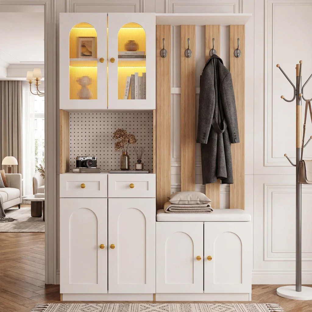 Mobili per l'ingresso, guardaroba con seduta e illuminazione a LED, scarpiera per l'ingresso, finitura effetto legno, bianco - Image 10