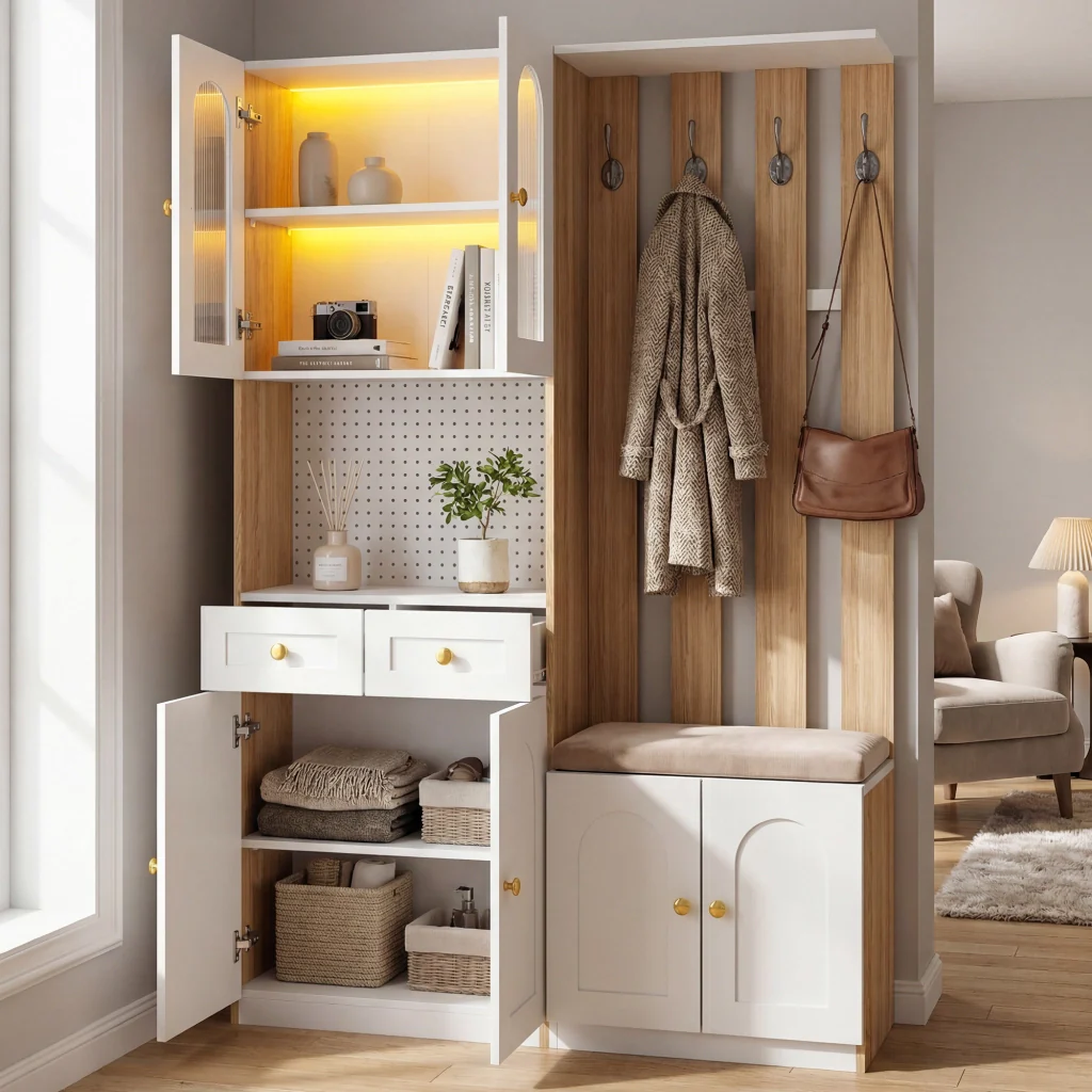 Mobili per l'ingresso, guardaroba con seduta e illuminazione a LED, scarpiera per l'ingresso, finitura effetto legno, bianco - Image 4