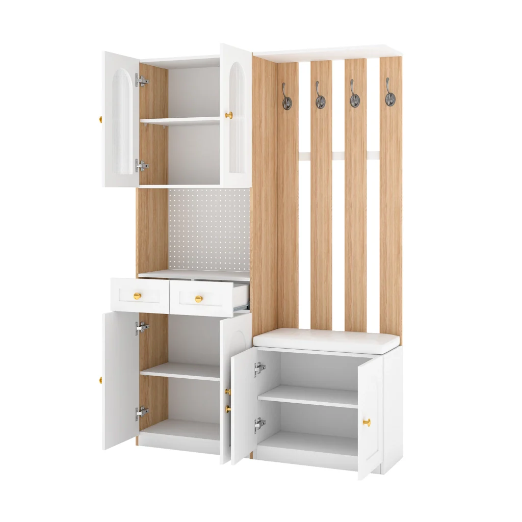 Mobili per l'ingresso, guardaroba con seduta e illuminazione a LED, scarpiera per l'ingresso, finitura effetto legno, bianco - Image 6