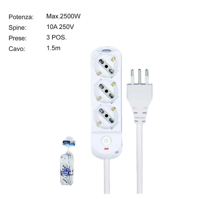 Multipresa Ciabatta Elettrica a 3 Posti 3 Prese Bipasso Schuko 10A/16A con Interruttore e Spina 10A Cavo 1.5 metri Bianco - Image 3