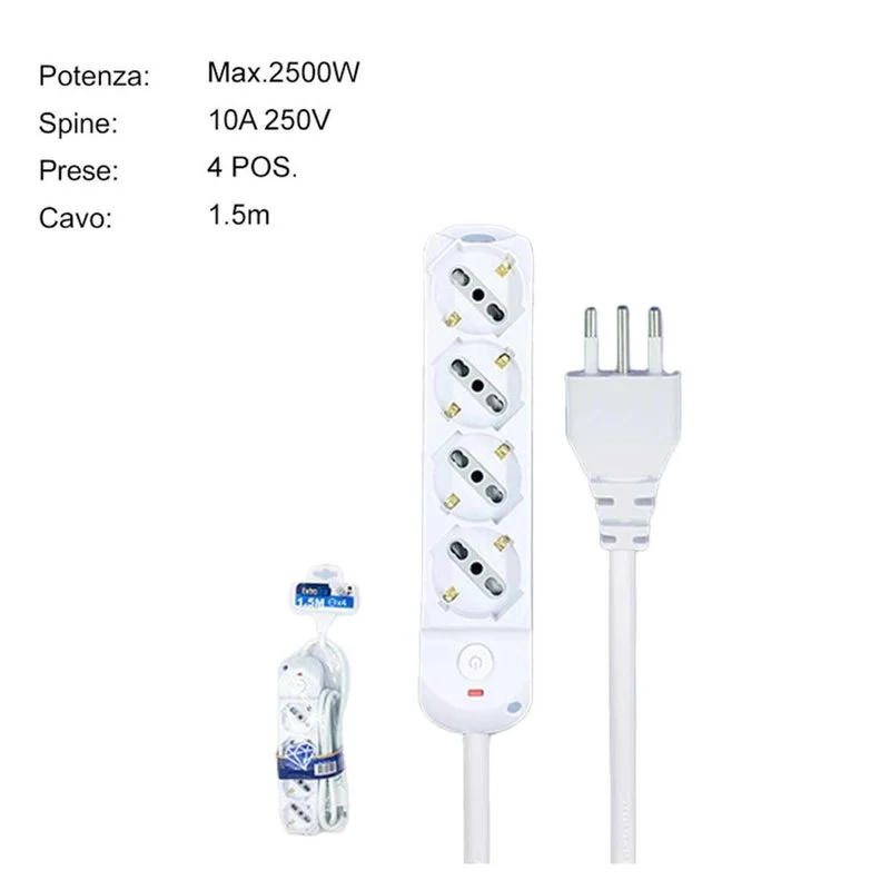 Multipresa Ciabatta Elettrica a 4 Posti 4 Prese Bipasso Schuko 10A/16A con Interruttore e Spina 10A Cavo 1.5 metri Bianco - Image 3