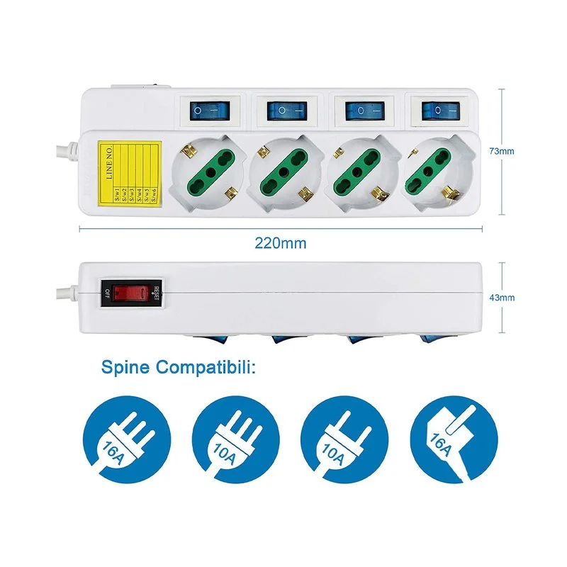 Multipresa Ciabatta Elettrica Con 4 Posti Prese Schuko 10/16A + 5 Interruttori On Off Indipendente Cavo Da 1,5 Metri - Image 3