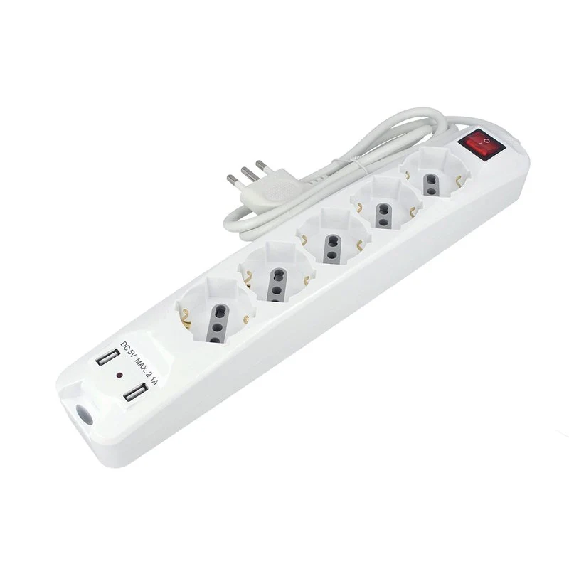 Multipresa Ciabatta Elettrica Spina Con 2 USB 2,1A Cavo 1,5 Metri 5 Posti 2P+T 10/16A Bipasso Schuko Con Interruttore SKU-8715 - Image 2