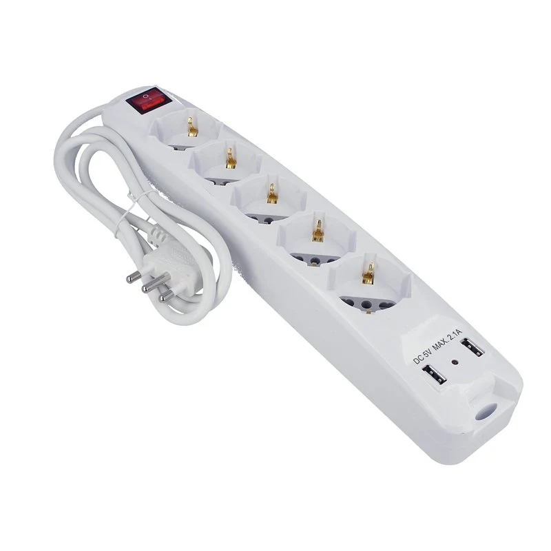 Multipresa Ciabatta Elettrica Spina Con 2 USB 2,1A Cavo 1,5 Metri 5 Posti 2P+T 10/16A Bipasso Schuko Con Interruttore SKU-8715 - Image 3