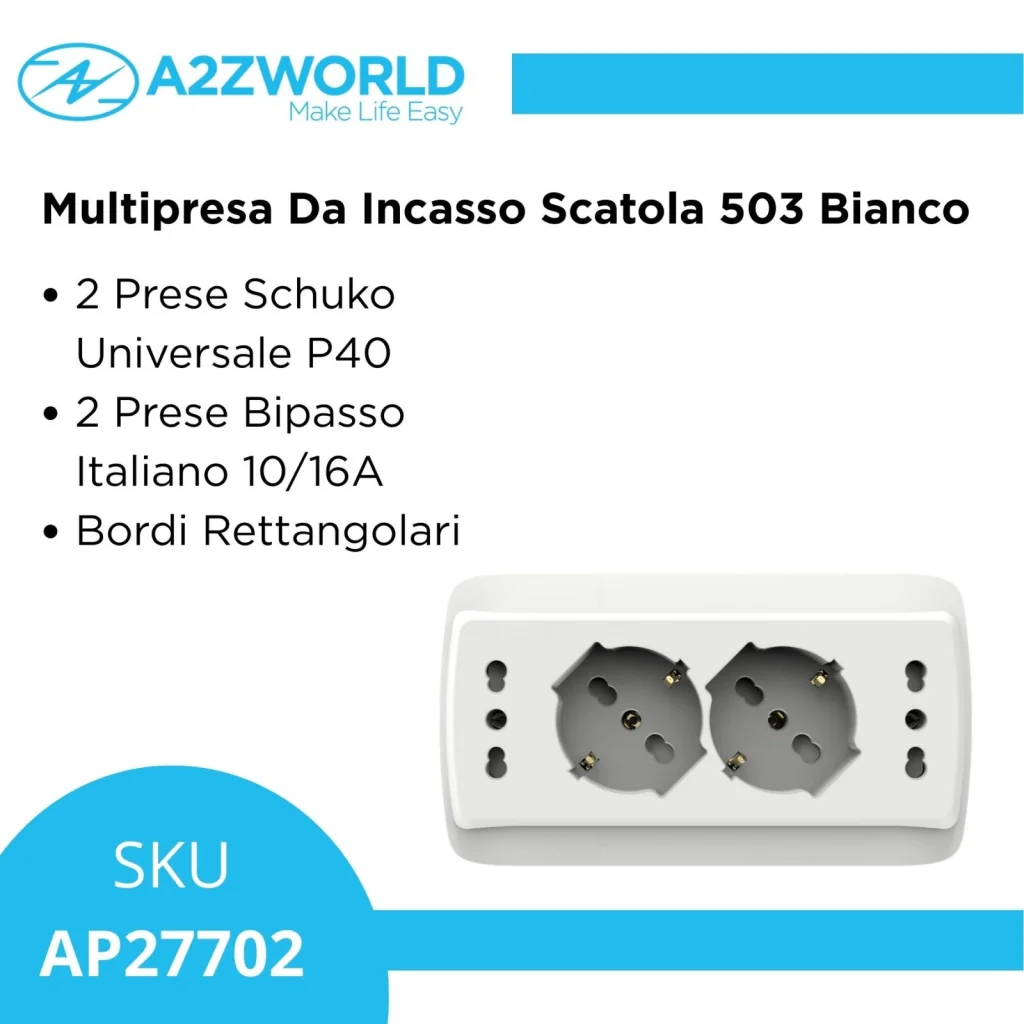 Multipresa Da Incasso Scatola 503 Bianco Opaco, 2 Prese Schuko Universale P40 + 2 Prese Bipasso Italiano 10/16A, 140X80X23mm - Image 2