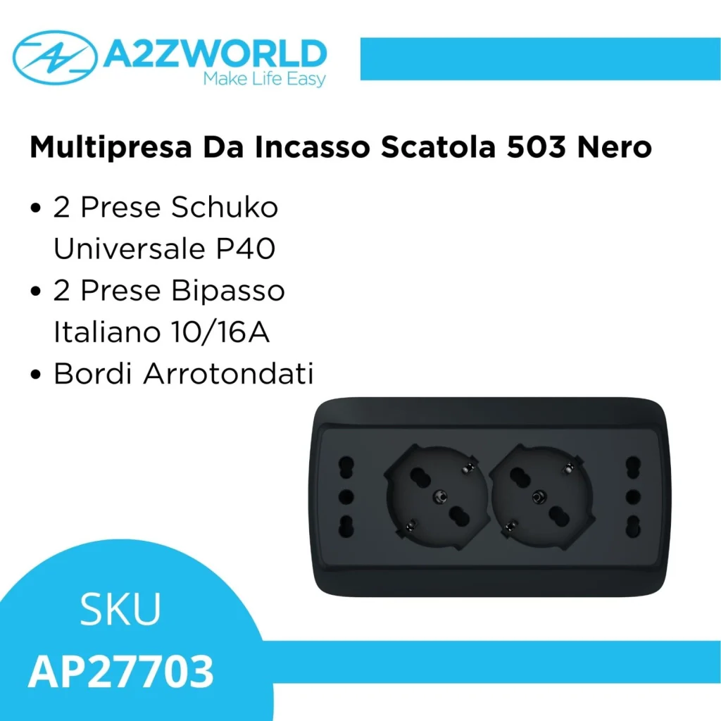 Multipresa Da Incasso Scatola 503 Nero Opaco, 2 Prese Schuko Universale P40 + 2 Prese Bipasso Italiano 10/16A, 140X80X23mm - Image 2